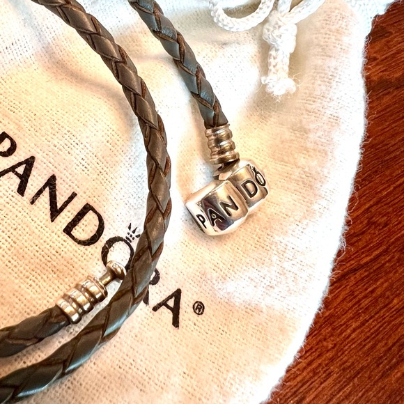 Pandora Gray Leather Braided Double-Wrap Bracelet - Picture 5 of 11